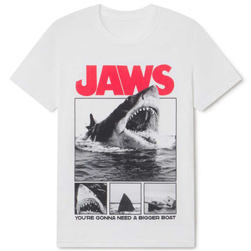 White t-shirt with 'JAWS' graphic design featuring a shark and text on a white background
